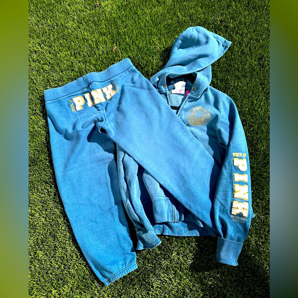 VICTORIA'S SECREt PINK 2007 Blue Sweatpant set Gold
Cream Patch Logo Back sm/m